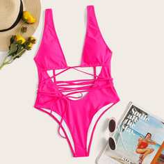 Неоновый розовый слитный купальник с узлом Shein