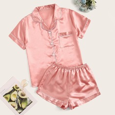 Однотонная Розовая Атласная Пижама Топ И Шорты Shein