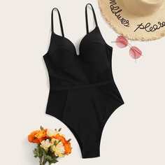 Однотонный слитный купальник на косточках Shein
