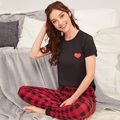 Пижама в клетку с принтом сердечка Shein