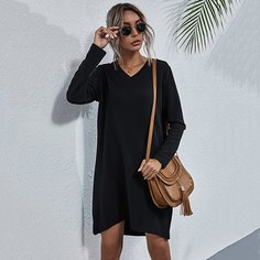 Однотонное платье с v-образным воротником Shein