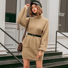 Свитер-платье с высоким воротником без пояса Shein