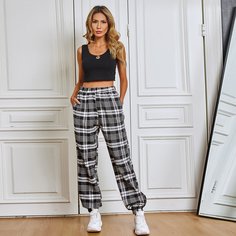 Брюки в клетку с высокой талией Shein