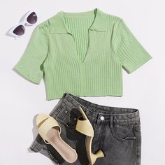 трикотажный Одноцветный Повседневный Трикотажные топы Shein