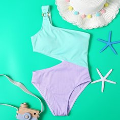Контрастный слитный купальник в рубчик для девочек Shein