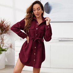 Однобортное вельветовое платье с поясом и карманом Shein