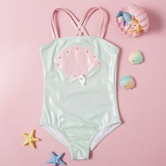 Слитный купальник с искусственными жемчугами для девочек Shein