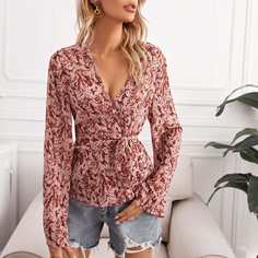 Пояс Принт Элегантный Блузы Shein