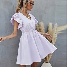Однотонное платье с v-образным воротником и узлом сзади Shein