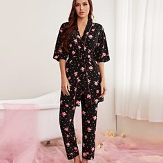 с поясом Цветочный принт Элегантный Комплект пижамы Shein