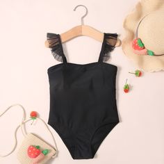 с оборками Одноцветный милый Купальники для девочек Shein