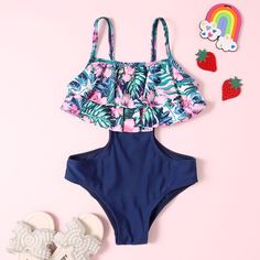 Слитный купальник с оригинальным принтом для девочек Shein