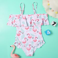 с оборками Фламинго милый Купальники для девочек Shein