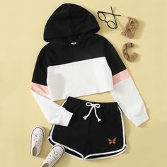 Контрастная толстовка и шорты на кулиске с принтом бабочки для девочек Shein
