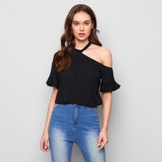 Однотонная асимметричная футболка с оригинальным рукавом Shein