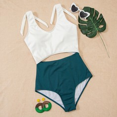 Двухцветный слитный купальник с разрезом Shein