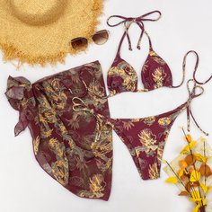 3шт накидка и бикини с узором китайского дракона Shein