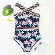 Слитный купальник с цветочным принтом для девочек Shein