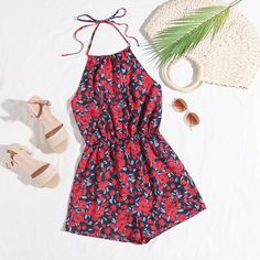 Открытая спина Со цветочками Бохо Комбинезоны Shein