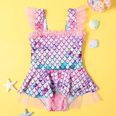 Слитный купальник с чешуевидным принтом для девочек Shein