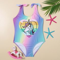 Слитный купальник с принтом единорога для девочек Shein