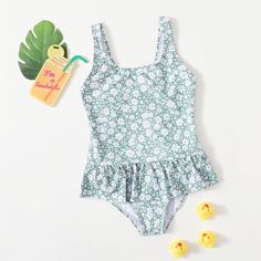 Слитный купальник с цветочным принтом для девочек Shein