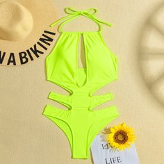 Неоновый слитный купальник с разрезом Shein