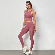 Контрастная сетка Одноцветный Спортивный комплектный костюм Shein