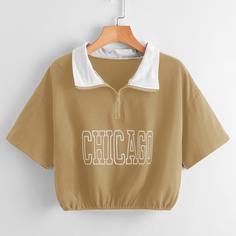 Кроп футболка с молнией и текстовым принтом Shein