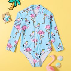 на молнии Фламинго милый Купальники для девочек Shein