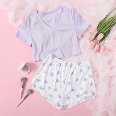 трикотажный Геометрический принт милый Пижама Shein