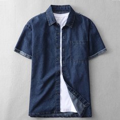1шт мужская джинсовая рубашка на пуговицах и карманом Shein