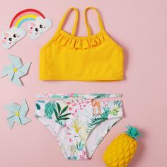 с оборками Растения Бохо Купальники для девочек Shein