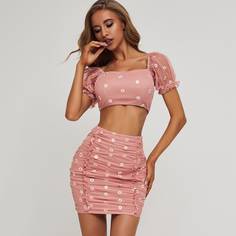 Юбка и сетчатый топ с пышными рукавами и вышивкой Shein