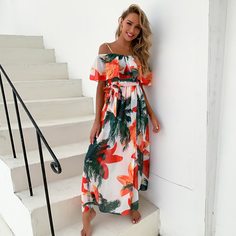 платье с поясом, тропическим и цветочным принтом Shein