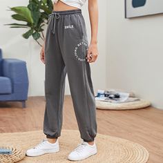 Спортивные брюки на кулиске с текстовым принтом Shein