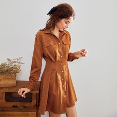 полосатое платье с пуговицами Shein