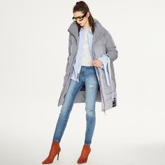 Пуховое пальто в полоску на молнии с карманом и текстовой заплатой Shein