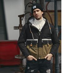 Мужское контрастное пальто на молнии с капюшоном Shein