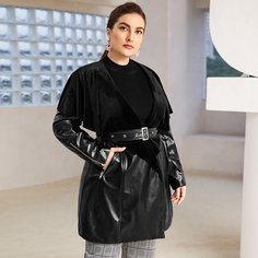 с поясом Одноцветный Очаровательный Плюс размеры пальто Shein