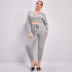 Кроп свитер размера плюс с узлом и вязаные леггинсы Shein