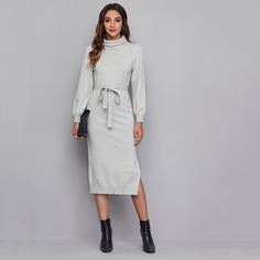 с поясом Одноцветный Элегантный Платья-свитеры Shein