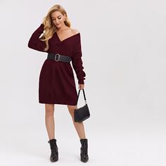 Одноцветный Повседневный Платья-свитеры Shein
