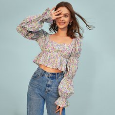 с оборками цветочный Бохо Блузы Shein