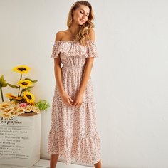 Многослойное платье с цветочным принтом и открытыми плечами Shein