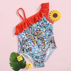 Слитный купальник с графическим принтом для девочек Shein
