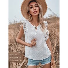 Контрастные кружева Одноцветный Бохо Блузы Shein