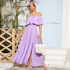 с оборками Одноцветный Бохо Платье Shein