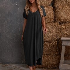 Однотонное платье с разрезом и v-образным воротником Shein