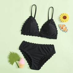 с фестонами Одноцветный милый Купальники для девочек Shein